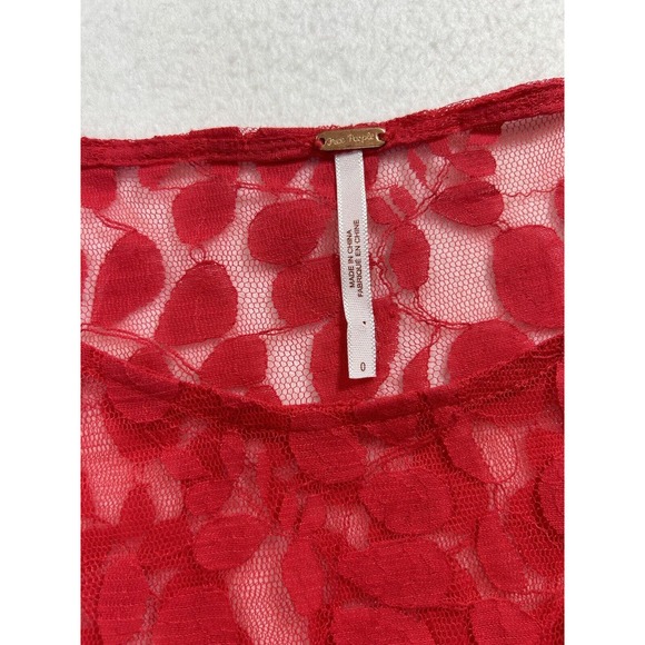 Free People Dress Womens sz. 0 Red Floral Lace Fit Flare 3/4 Sleeve Stretch Boho - Picture 6 of 8